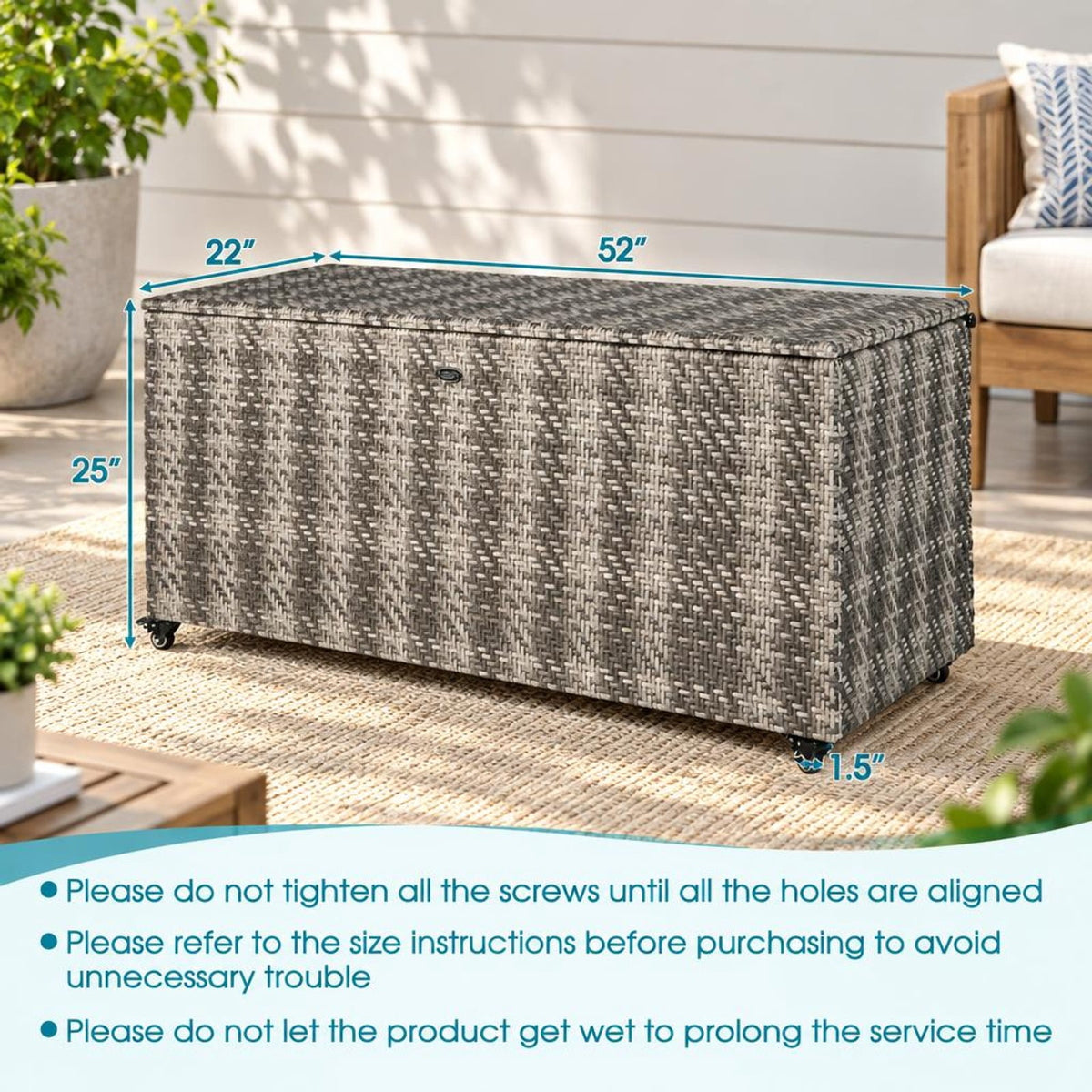 Airfind 96 Gallon PE Wicker Outdoor Storage Box with 4 Wheels, PE Rattan PP Board Metal Polyester Frame, 52 x 22 x 25 Footprint, Gray