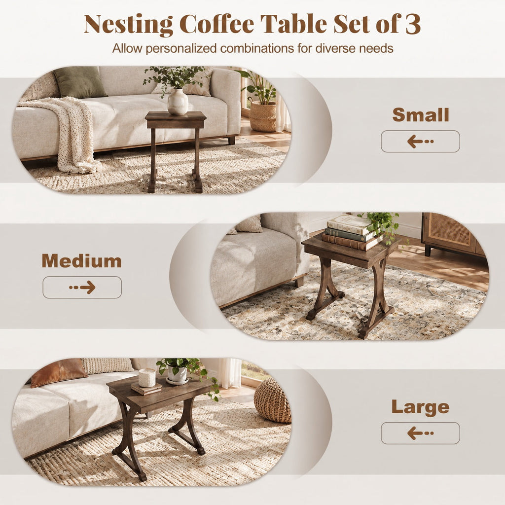 Airfind 3 Pieces Nesting Coffee Table Side Table with Solid Rubber Wood Legs, 71 lbs Capacity, Rubber Wood MDF Frame, 23 x 15 x 22 Footprint