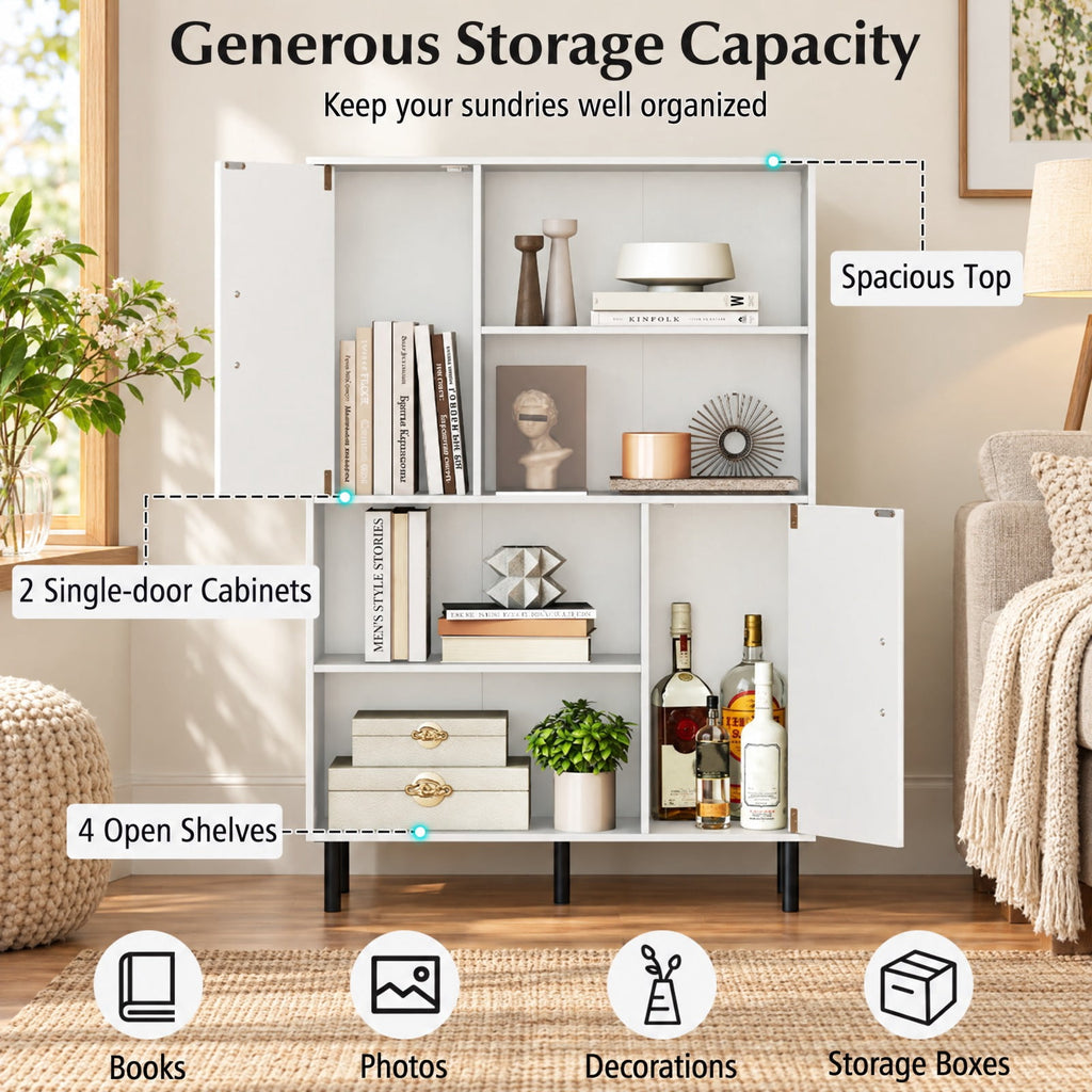 Airfind 47 Inch Storage Cabinet Freestanding Bookcase with 2 Doors and 4 Open Shelves, 176 lbs Capacity, Engineered Wood MDF Metal Frame, White