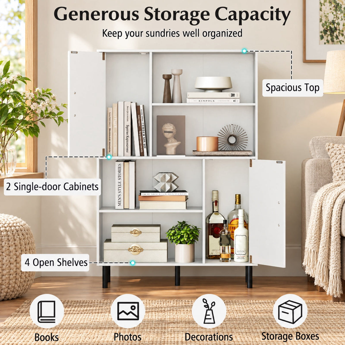 Airfind 47 Inch Storage Cabinet Freestanding Bookcase with 2 Doors and 4 Open Shelves, 176 lbs Capacity, Engineered Wood MDF Metal Frame, White