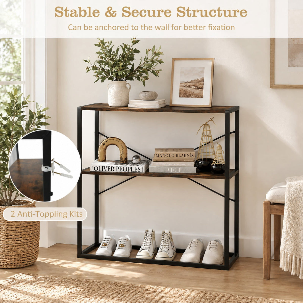 Airfind 36 Console Table 2-Tier Entryway Table with Wooden Open Shelves and Metal Frame, 66 lbs Capacity, Engineered Wood Metal Frame, Brown