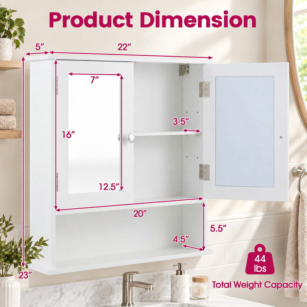 Airfind Bathroom Wall Mount Mirror Cabinet Organizer, 44 lbs Capacity, Engineered Wood Frame, 20in x 3.5in x 16in Footprint, White