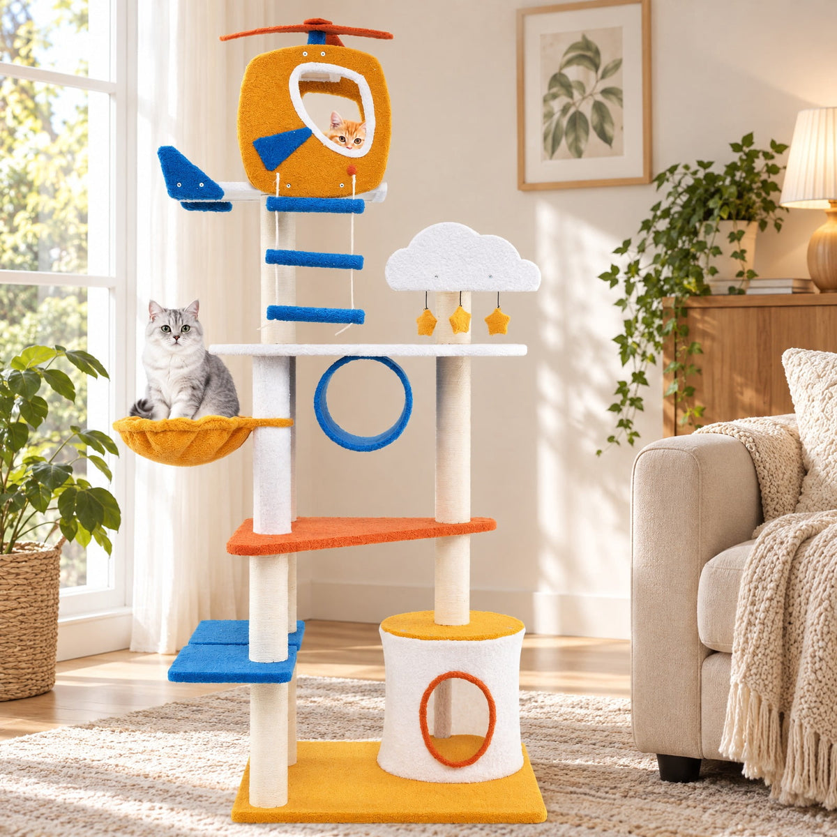 Airfind 70 Inch Tall Aviation-themed Cat Tree with Helicopter Top Perch and Platforms, 22 lbs Capacity, Engineered Wood Sisal Teddy Fleece Frame