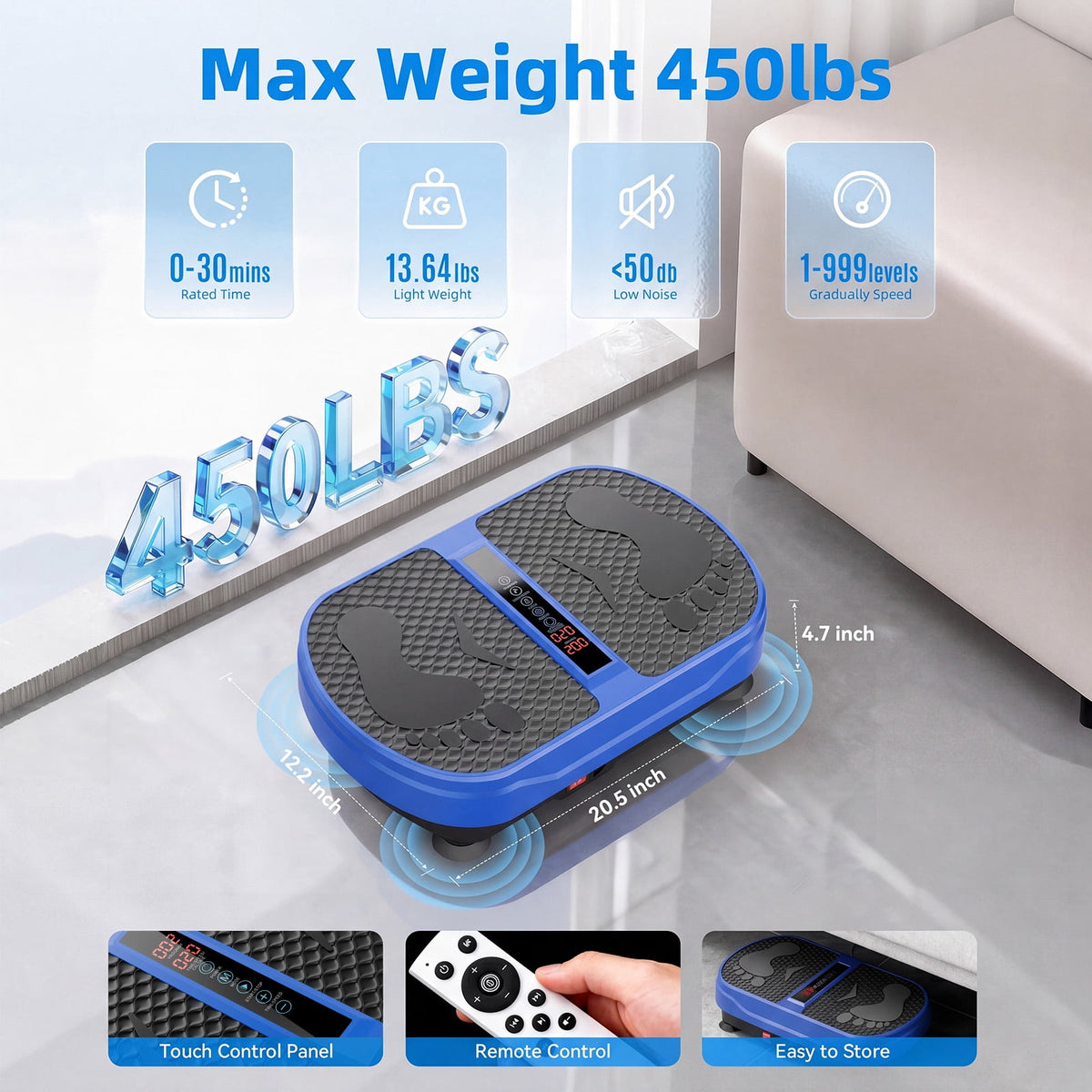 Airfind Vibration Plate Exercise Machine for Lymphatic Drainage, Full Body Workout Vibration Platform with Bluetooth Speaker,2 Loops and 5 Resistance Bands for Home Exercise Gym,450lb Capacity,Blue