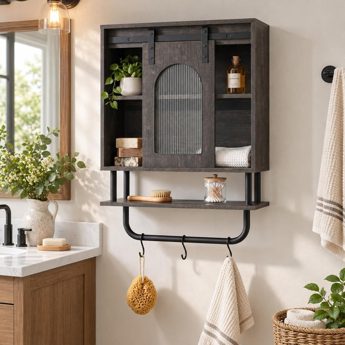 Airfind Bathroom Wall Cabinet with Sliding Barn Door and Metal Hanging Bar with 3 Hooks, 22 Lbs Capacity, Engineered Wood MDF Metal PC, Black