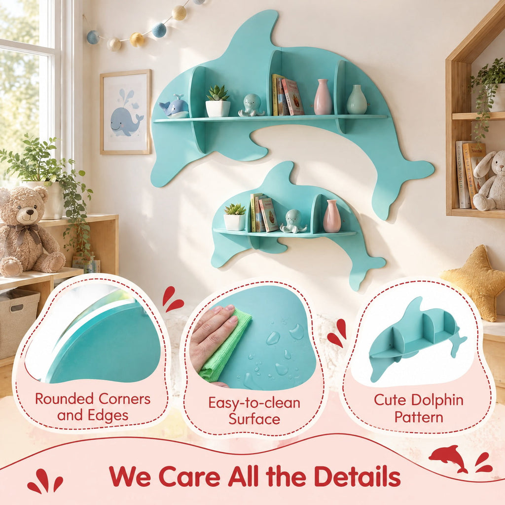 Airfind Floating Dolphin Shelves Wall Mounted Storage Display Rack, 11 lbs Capacity, MDF Frame, 38 x 6 x 27 Footprint, Blue