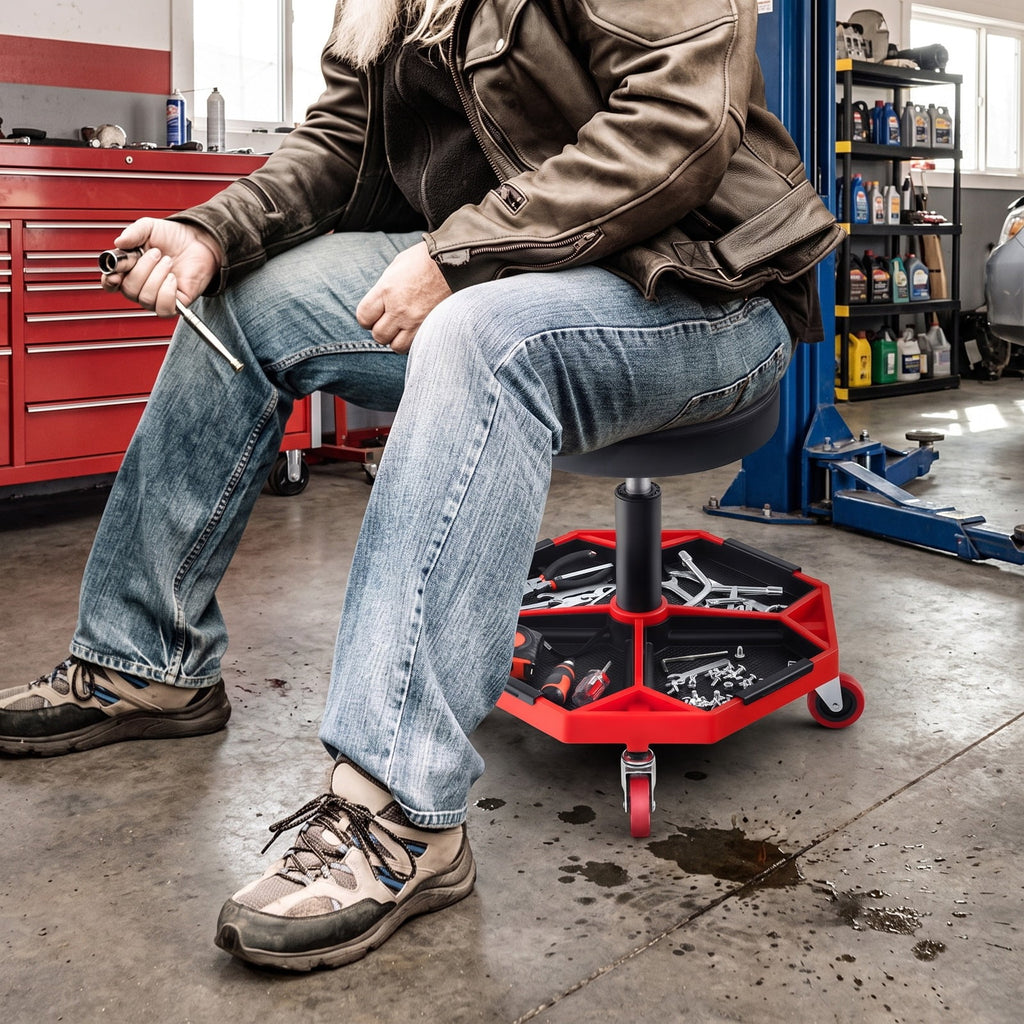 Airfind 330 LBS Capacity Pneumatic Rolling Mechanic Stool with Padded Seat, 20 x 20 x 16 inch Footprint, Red