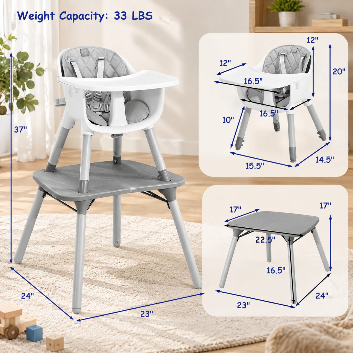 Airfind 4-in-1 Baby Convertible Toddler Table Chair Set with PU Cushion, 33 lbs Capacity, PU PP metal Frame, for 6-36 months, Gray
