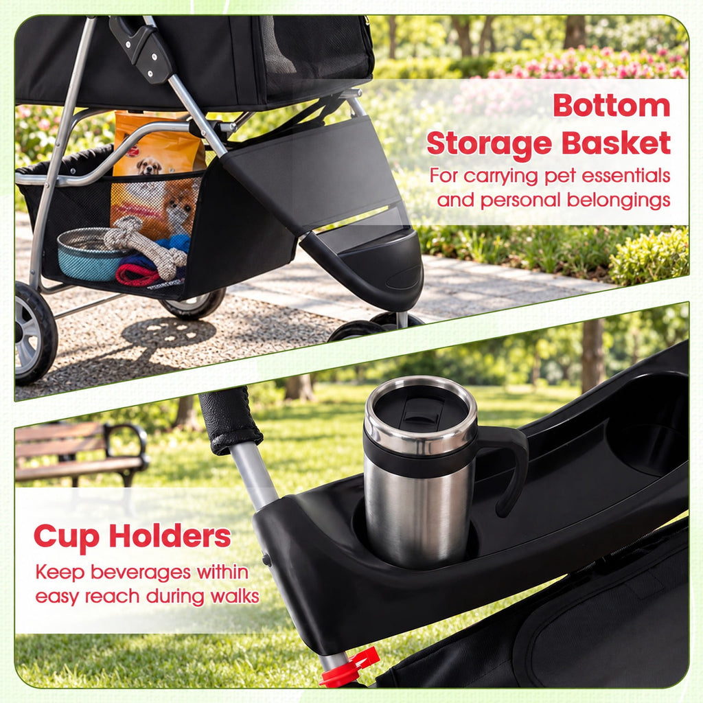 Airfind 3 Wheel Pet Stroller for Small Dogs Cats up to 33 LBS, 33 lbs Capacity, 300D Oxford Cloth Metal Mesh Sponge PU PP Frame, Black