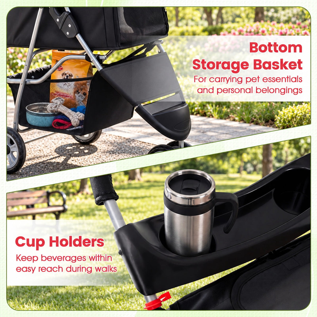 Airfind 3 Wheel Pet Stroller for Small Dogs Cats up to 33 LBS, 33 lbs Capacity, 300D Oxford Cloth Metal Mesh Sponge PU PP Frame, Black