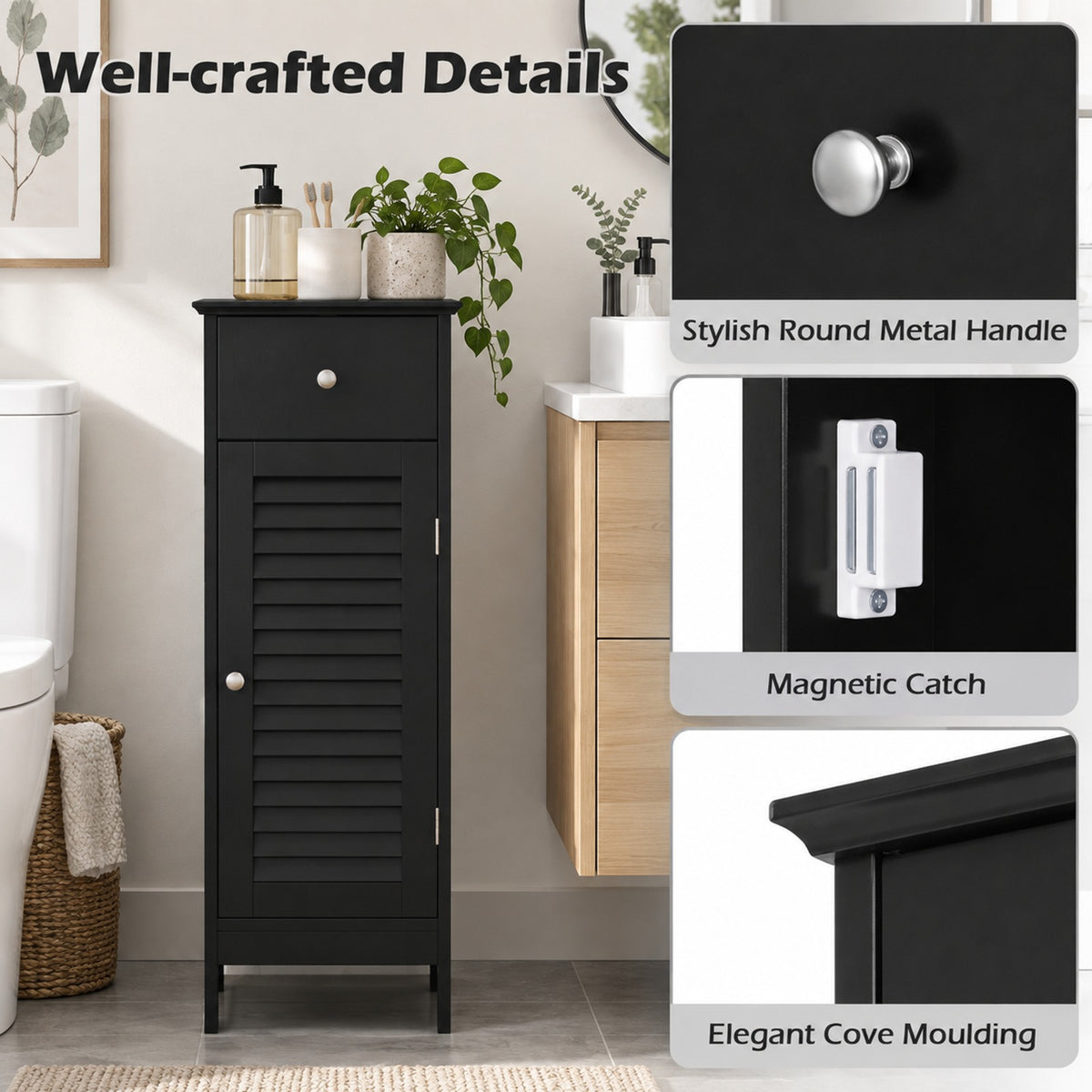 Airfind Narrow Bathroom Storage Cabinet with Adjustable Shelf and Drawer, 13in x 12in x 34.5inOverall Interior Footprint, Black