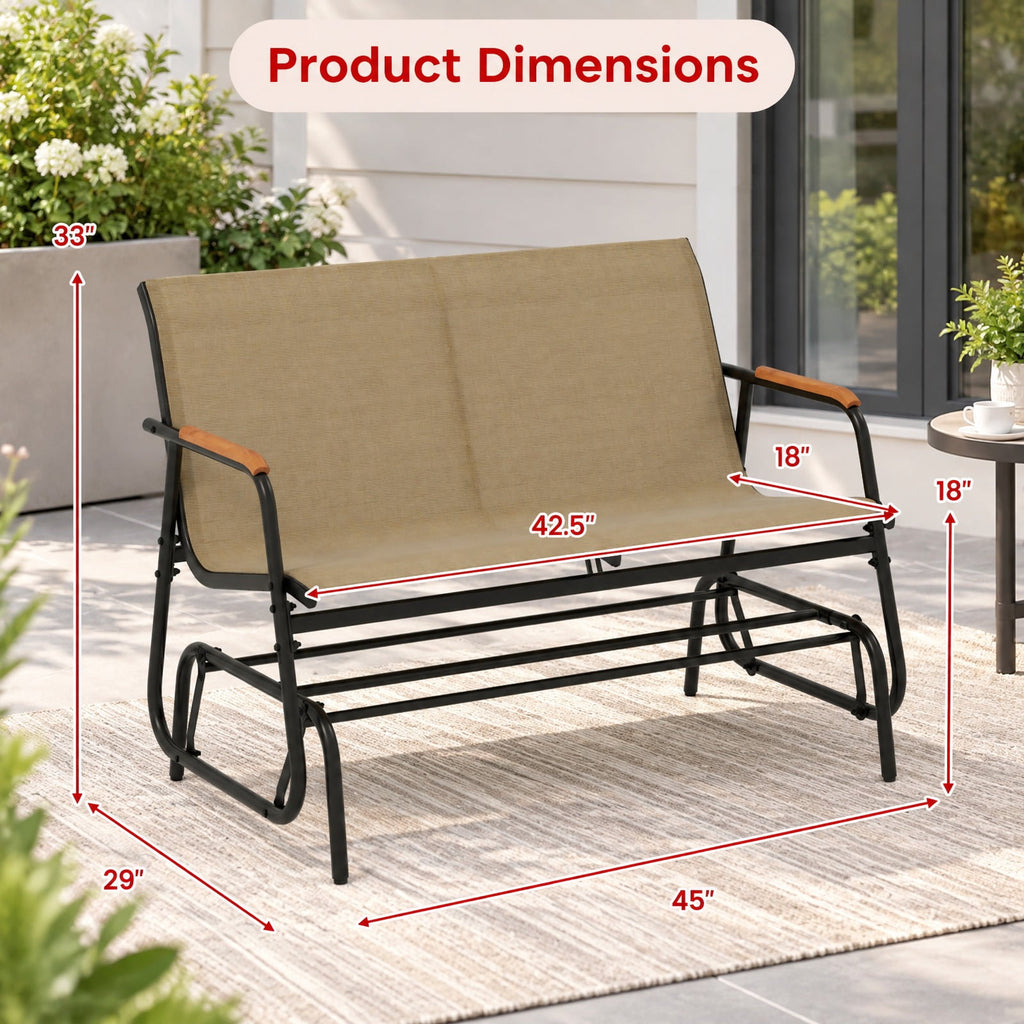 Airfind Patio Glider Bench with Curved Teak Armrests and Breathable Fabric Seat for 2 People, 660 lbs Capacity, Metal Fabric Teak Wood Frame, Brown