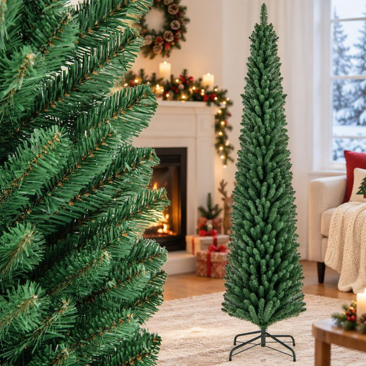 Airfind 8 Feet Pencil Christmas Tree with 671 Memory Wire Branch Tips and Upgraded Metal Stand, PVC Metal Frame, Green