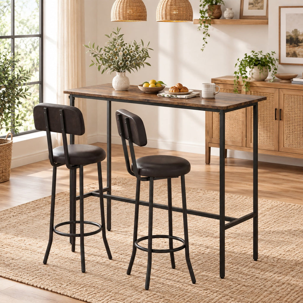 Airfind 3-Piece Industrial Bar Table Set with 2 Upholstered Stools and Footrests for Dining Room, 220 lbs Capacity, 40 × 16 × 36 Footprint, Brown