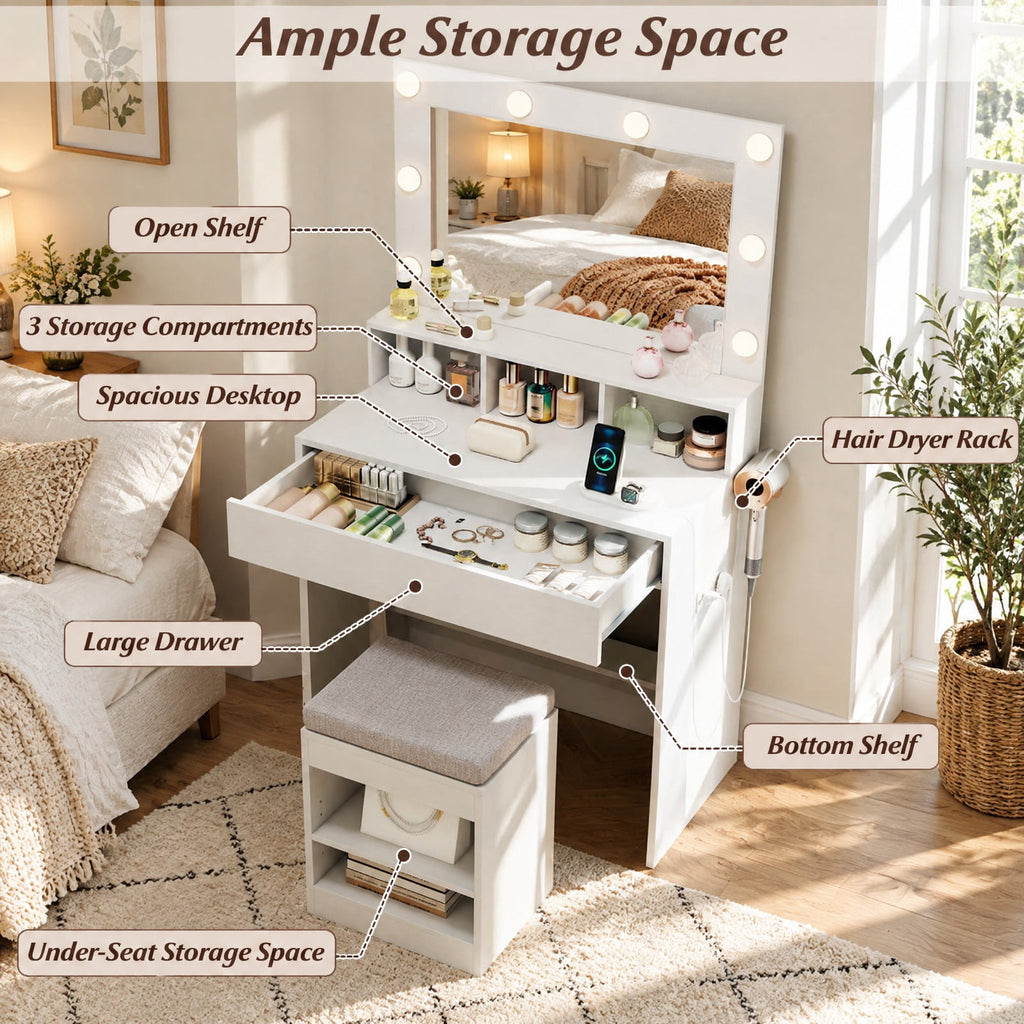 Airfind 31.5 Inches Vanity Desk with 3 Lighting Modes and Storage Shelves, 88 lbs Capacity, Engineered Wood Frame, 31.5 Inch x 16 Inch x 55 Inch Footprint