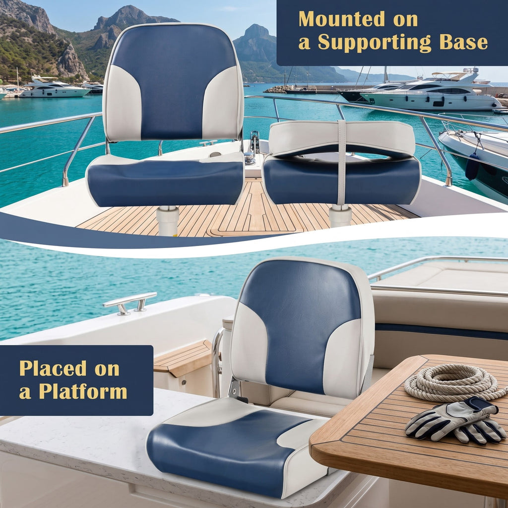 Airfind Low Back Folding Boat Seats Set of 2 with Thick Sponge Padding and Aluminum Hinges for Fishing and Pontoon Boats, Blue and Gray