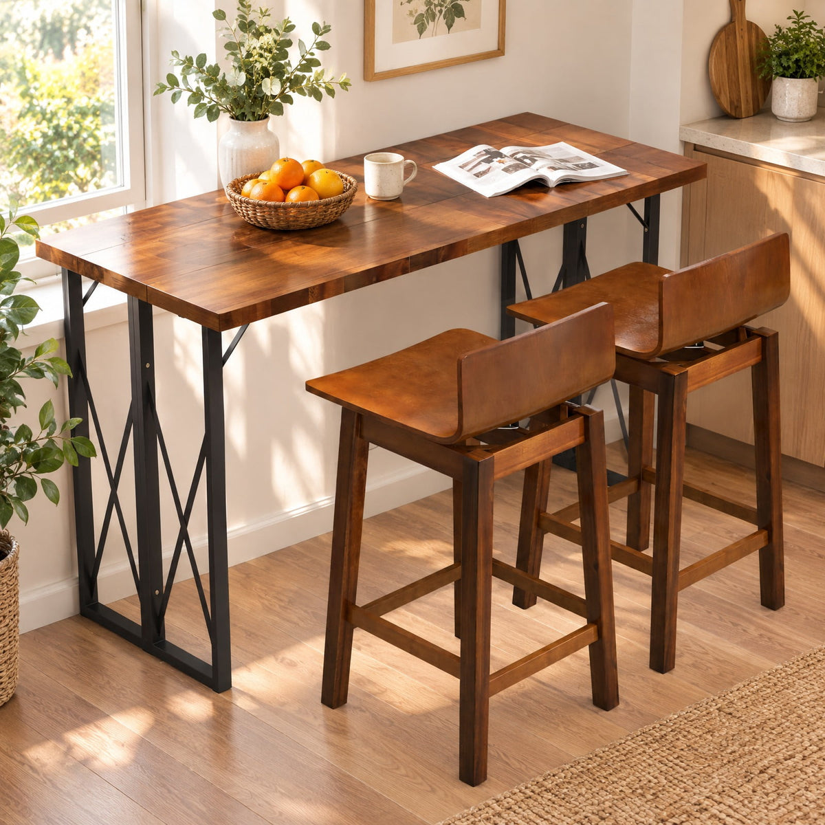 Airfind 24.5 Inch Swivel Wooden, Bar Stools Set of 2 with Rubber Wood Legs and Low Back, 350 lbs Capacity, Rubber Wood Plywood Frame, Walnut