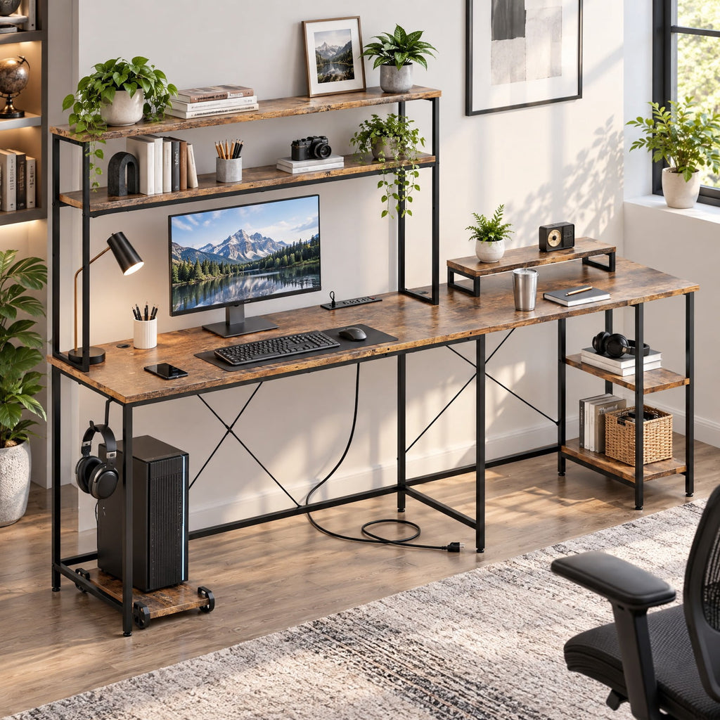 Airfind L-Shaped Reversible Gaming Desk with LED Strip and Power Outlets Hutch Monitor Stand, 310 lbs Capacity, Engineered Wood Metal Frame, Brown