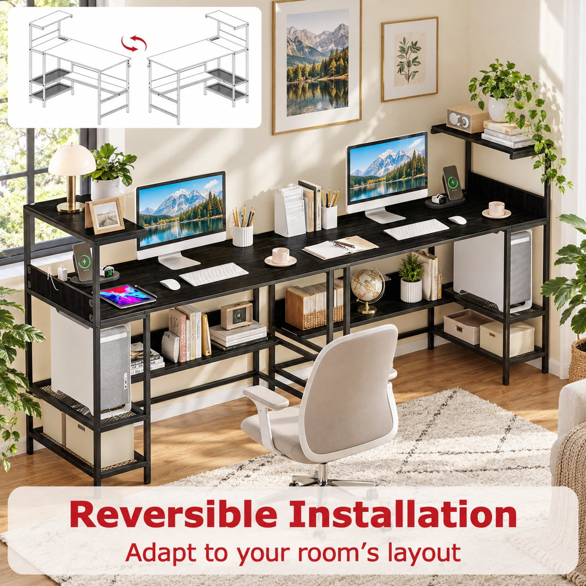 Airfind 48 Inch Computer Desk with Power Outlets and Storage Shelves, 88 lbs Capacity, Engineered Wood Metal Frame, 48 Inch x 23 Inch x 43.5 Inch Footprint
