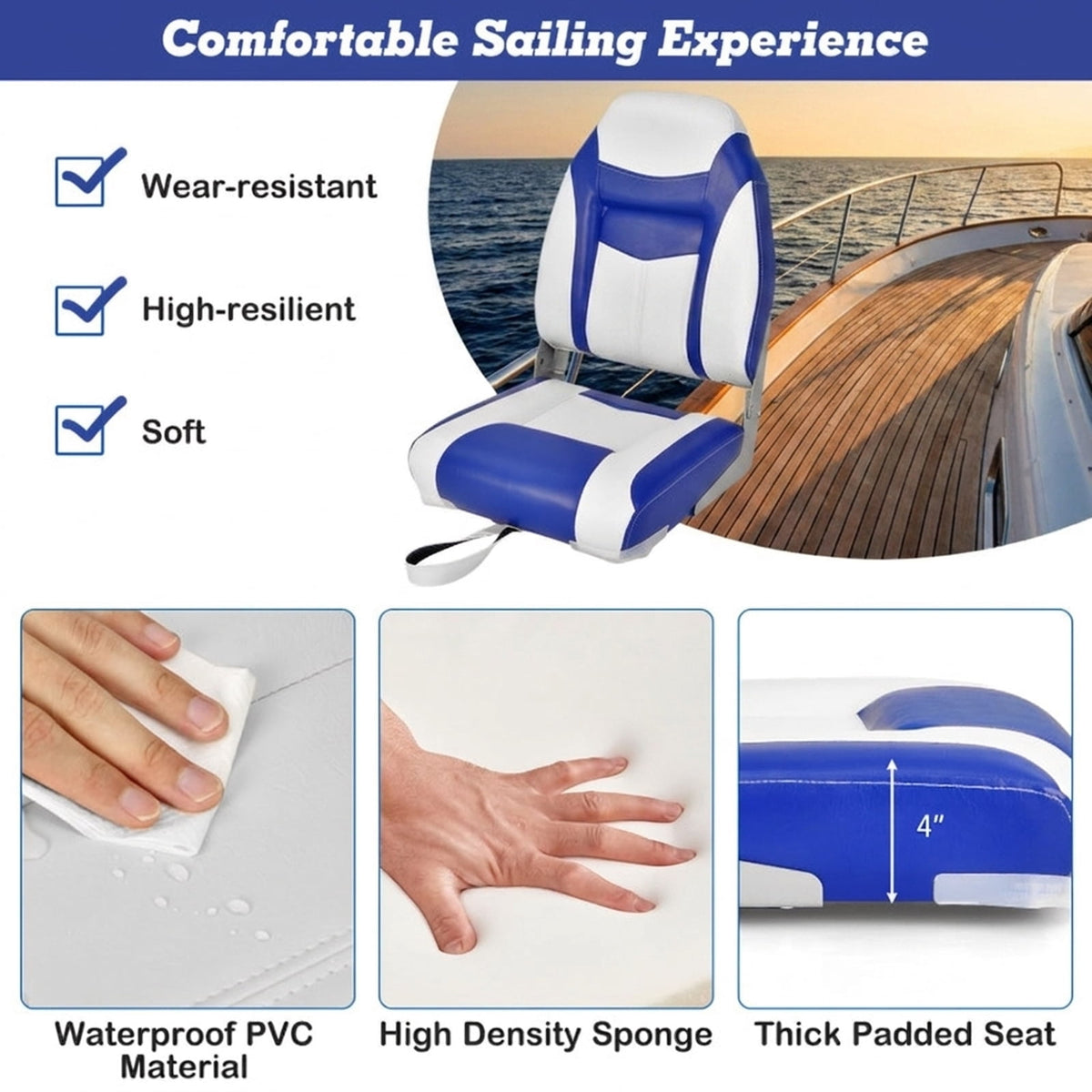 Airfind High Back Folding Boat Seat with Soft Padded Cushion and Waterproof Vinyl for Fishing and Pontoon Boats with Aluminum Hinges, Blue