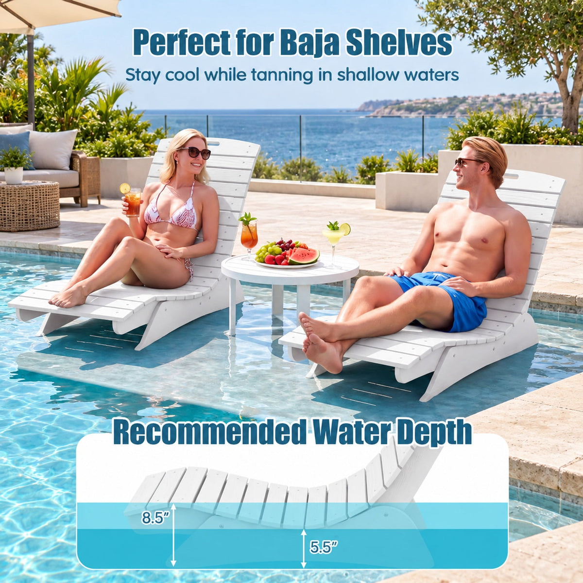 Airfind Fade-Resistant Outdoor Lounger with Contoured Shape for Deck Poolside, 450 lbs Capacity, HDPE Frame, White