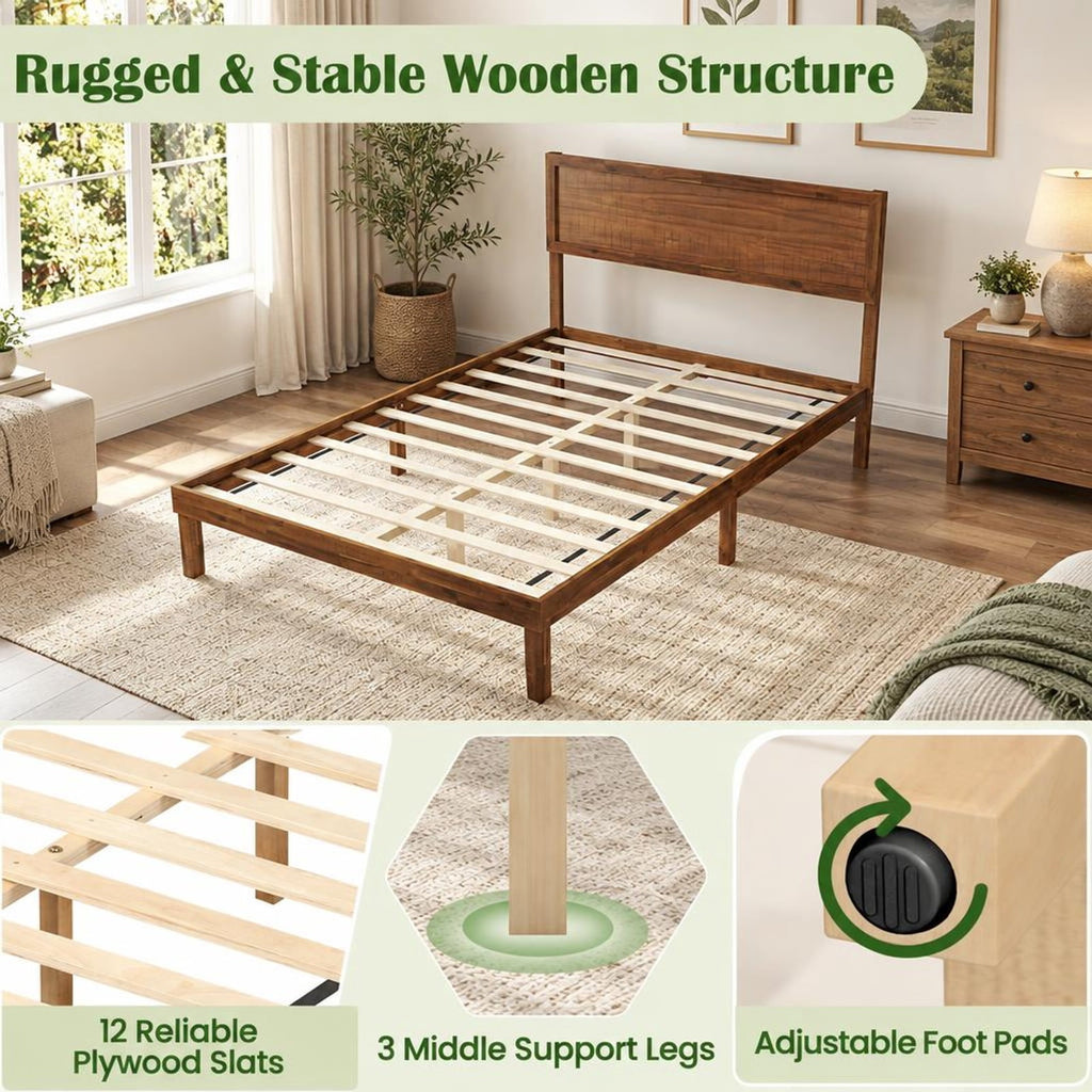 Airfind Full Size Bed Frame with Headboard and Wooden Slats Support, 660 lbs Capacity, Plywood Acacia Wood Rubber Wood MDF Frame