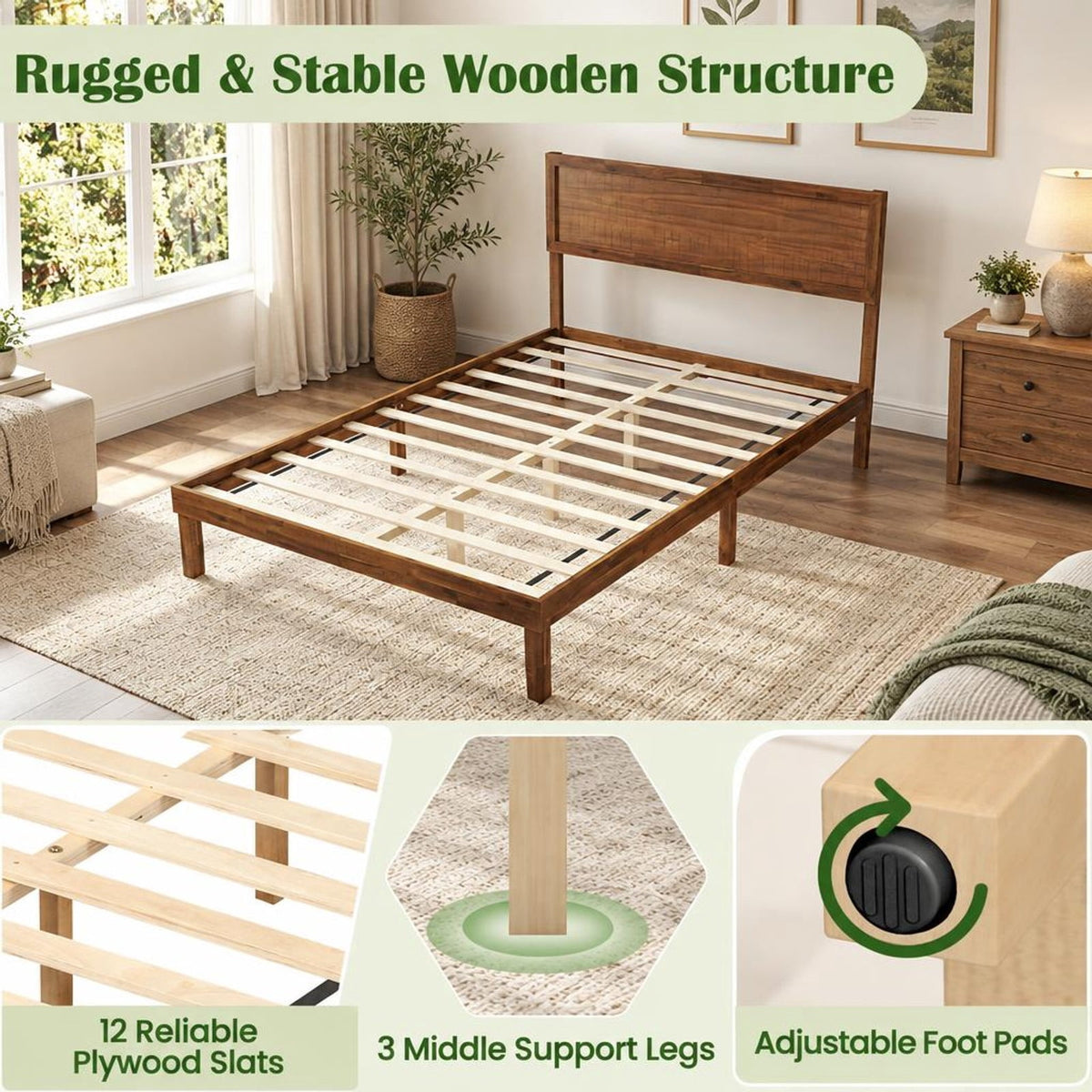 Airfind Full Size Bed Frame with Headboard and Wooden Slats Support, 660 lbs Capacity, Plywood Acacia Wood Rubber Wood MDF Frame