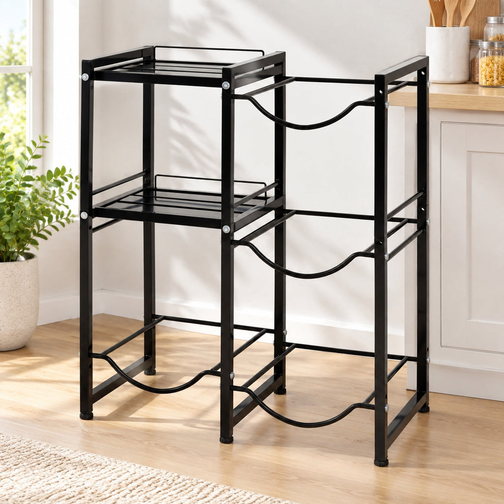Airfind 3-Tier 5 Gallon Water Jug Holder with Shelves, 45 lbs Capacity, Carbon Steel Frame, Black, 4 bottle slots for 5-gallon water bottles