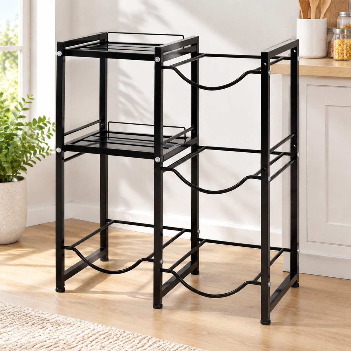 Airfind 3-Tier 5 Gallon Water Jug Holder with Shelves, 45 lbs Capacity, Carbon Steel Frame, Black, 4 bottle slots for 5-gallon water bottles