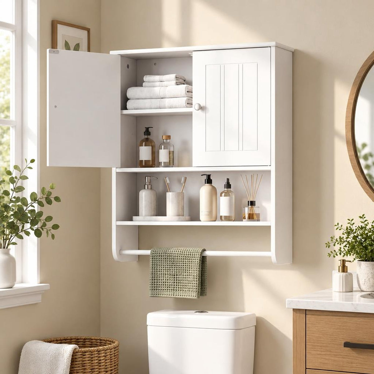 Airfind Bathroom Wall Cabinet with Towel Bar and Open Shelf and Adjustable Shelf, MDF Frame, 23.5in x 8in x 27.5in Footprint, White