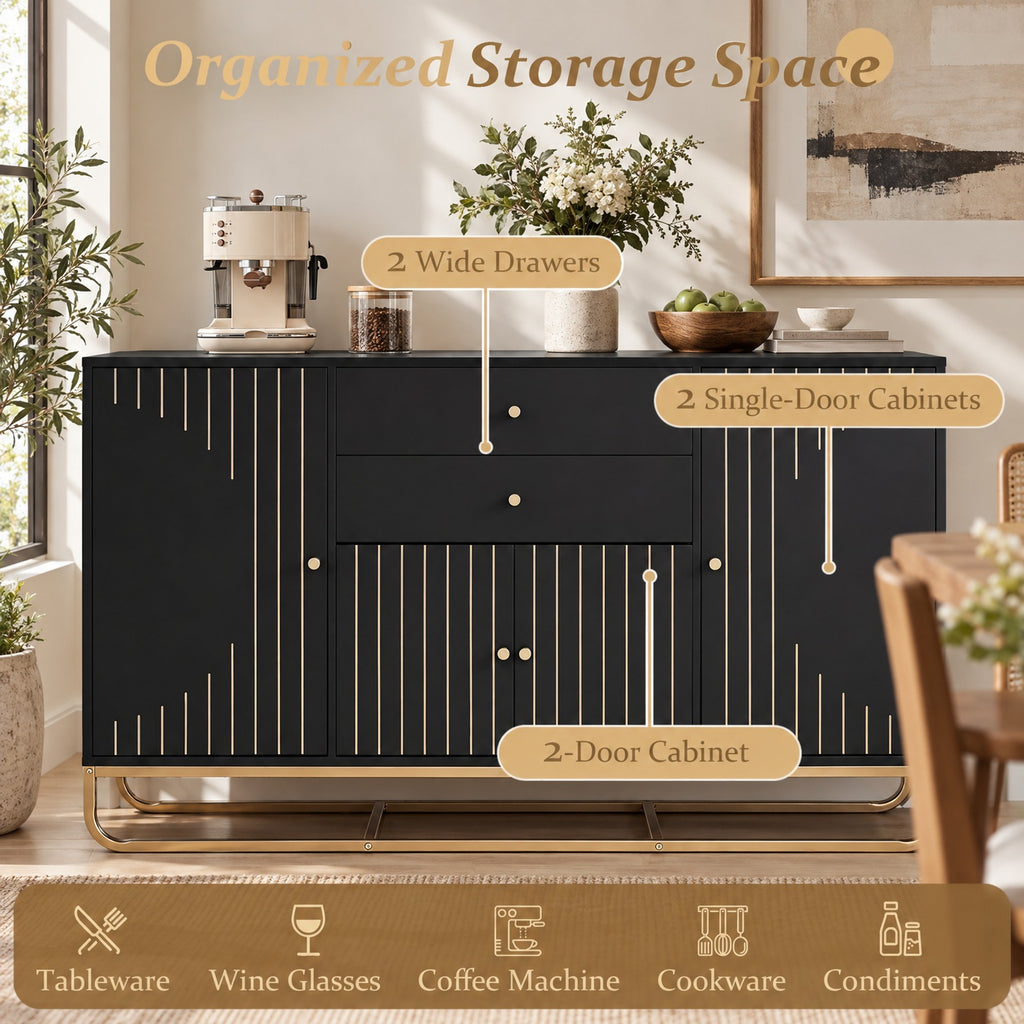 Airfind Modern Buffet Sideboard Cabinet w/ 2 Drawers Adjustable Shelves for Dining Room, 176 lbs Capacity, Engineered Wood Metal Frame, Black