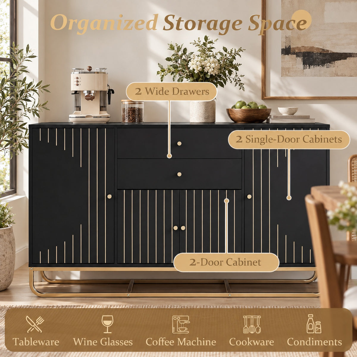 Airfind Modern Buffet Sideboard Cabinet w/ 2 Drawers Adjustable Shelves for Dining Room, 176 lbs Capacity, Engineered Wood Metal Frame, Black