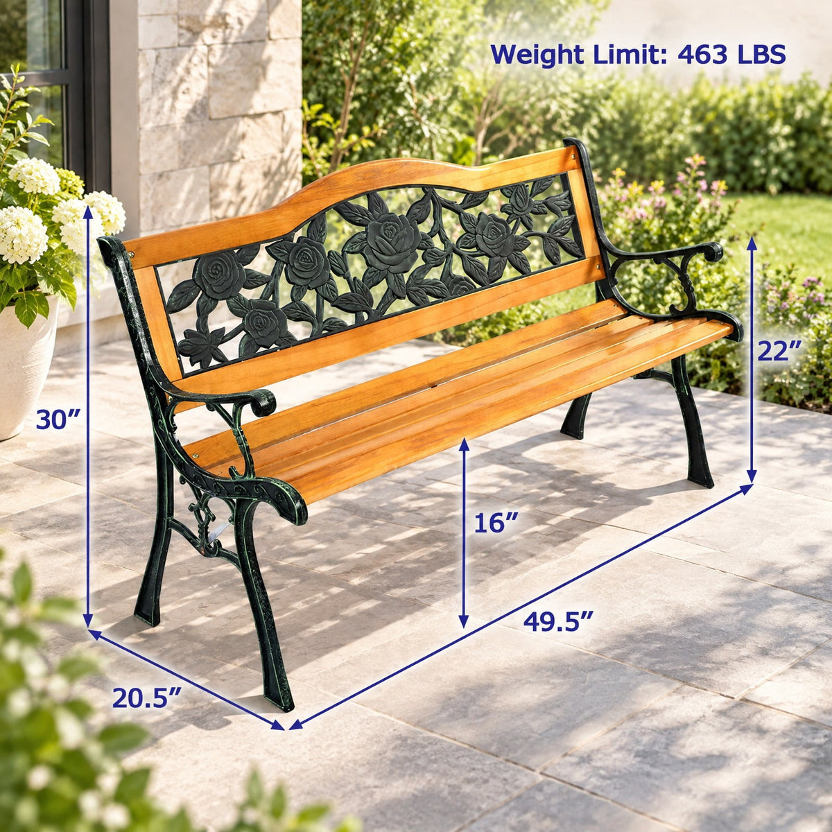 Airfind Garden Bench Chair Outdoor Wooden Loveseat with Iron Armrest, 463 lbs Capacity, Cast Iron Frame, Black + Natural