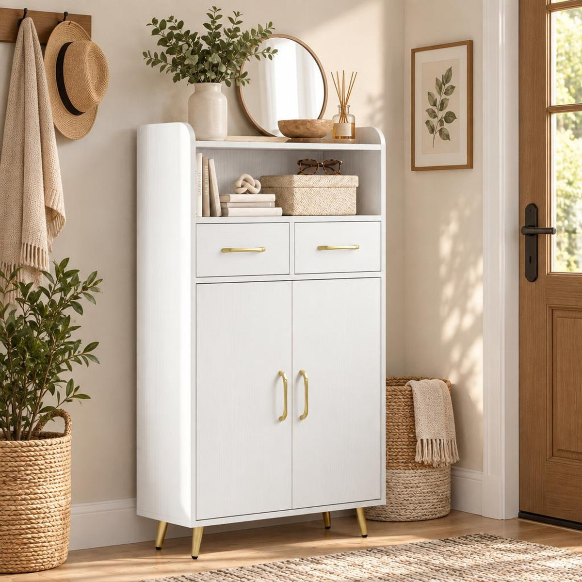 Airfind Bathroom Storage Cabinet Freestanding Floor Cabinet with 2 Drawers and 2 Doors, 44 lbs Capacity, Engineered Wood Metal Frame, White