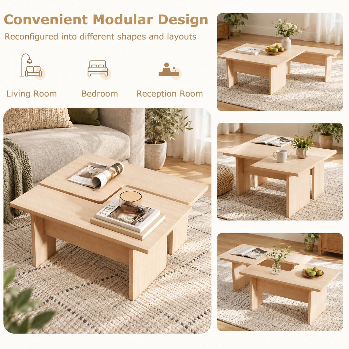 Airfind Modular Coffee Table Set of 2 L Shaped Center Tables for Small Space, 155 Lbs Capacity, Engineered Wood, 35.5 Inch X 20 Inch X 16.5 Inch, Oak