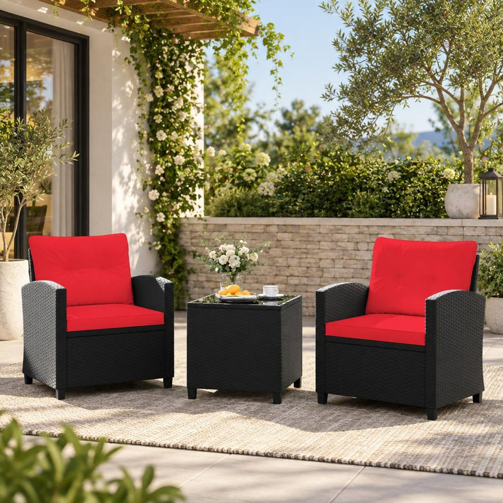 Airfind 3 Pieces Patio Furniture Set with Tempered Glass Coffee Table, 400 lbs Capacity, PE Rattan Metal Tempered Glass Polyester Sponge Frame, Red