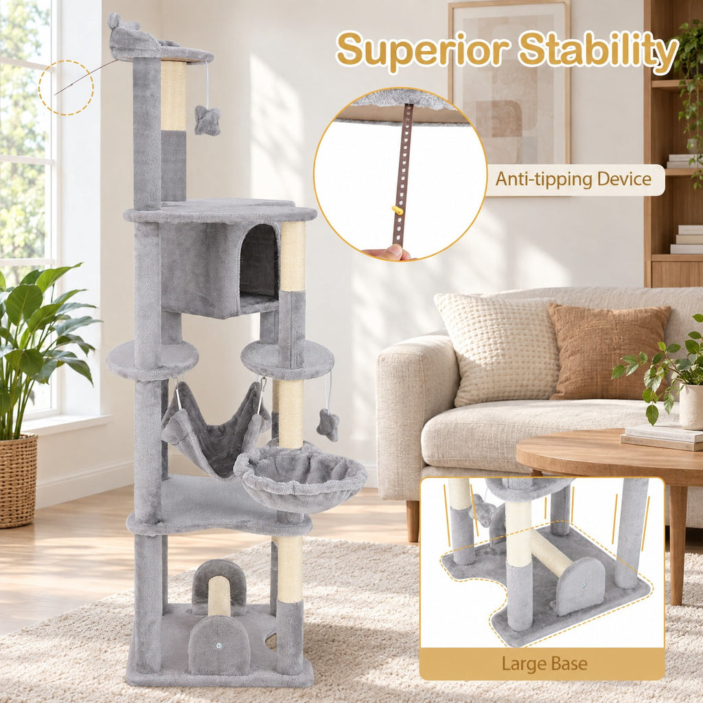 Airfind 69 Inch Multi-level Cat Tree with Top Perch and Cozy Condo, 11 lbs Capacity, Gray + Orange, Featuring large condo for peaceful rest