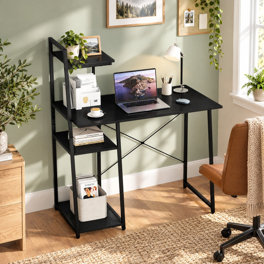 Airfind Computer Desk with Shelves and 3-Tier Storage Bookshelf, Metal Engineered Wood Frame, 39.5 x 20 x 47.5 Footprint, Black