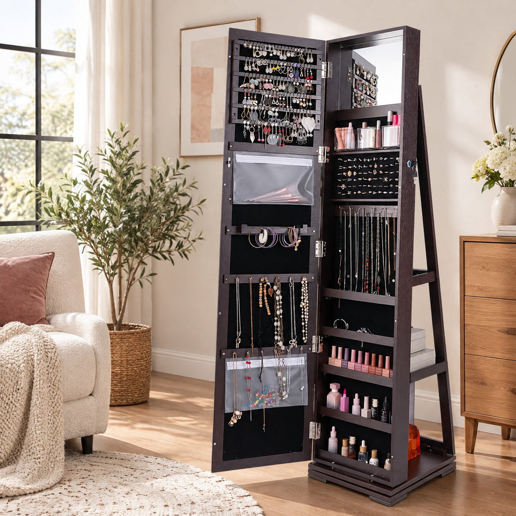 Airfind Jewelry Cabinet, 360¡ã Rotatable 2-in-1 Lockable, with Full-Length Mirror, P2 MDF Frame, 15 Inch x 15 Inch x 63.5 Inch (L x W x H) External, Brown