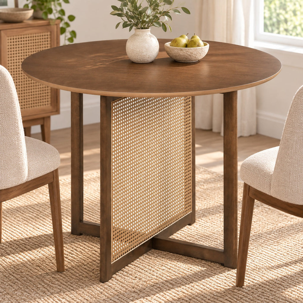 Airfind 37.5 Inch Round Dining Table with Cross Pedestal Base, 165 lbs Capacity, MDF Rubber Wood PE Rattan Frame, 37.5 x 29.5 Footprint, Walnut