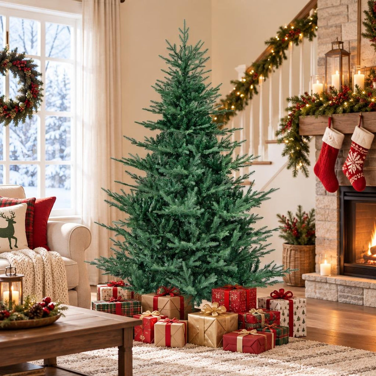 Airfind Artificial Christmas Tree with Branch Tips and Warm White LED Lights-7 Feet, White, Folding metal stand with protective foot pads