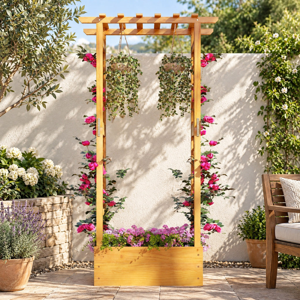 Airfind Wooden Raised Garden Bed with Lattice Trellis and Hanging Roof, 44 lbs Capacity, Pine Wood Frame, 31 x 14 x 60 Roof Footprint, Orange