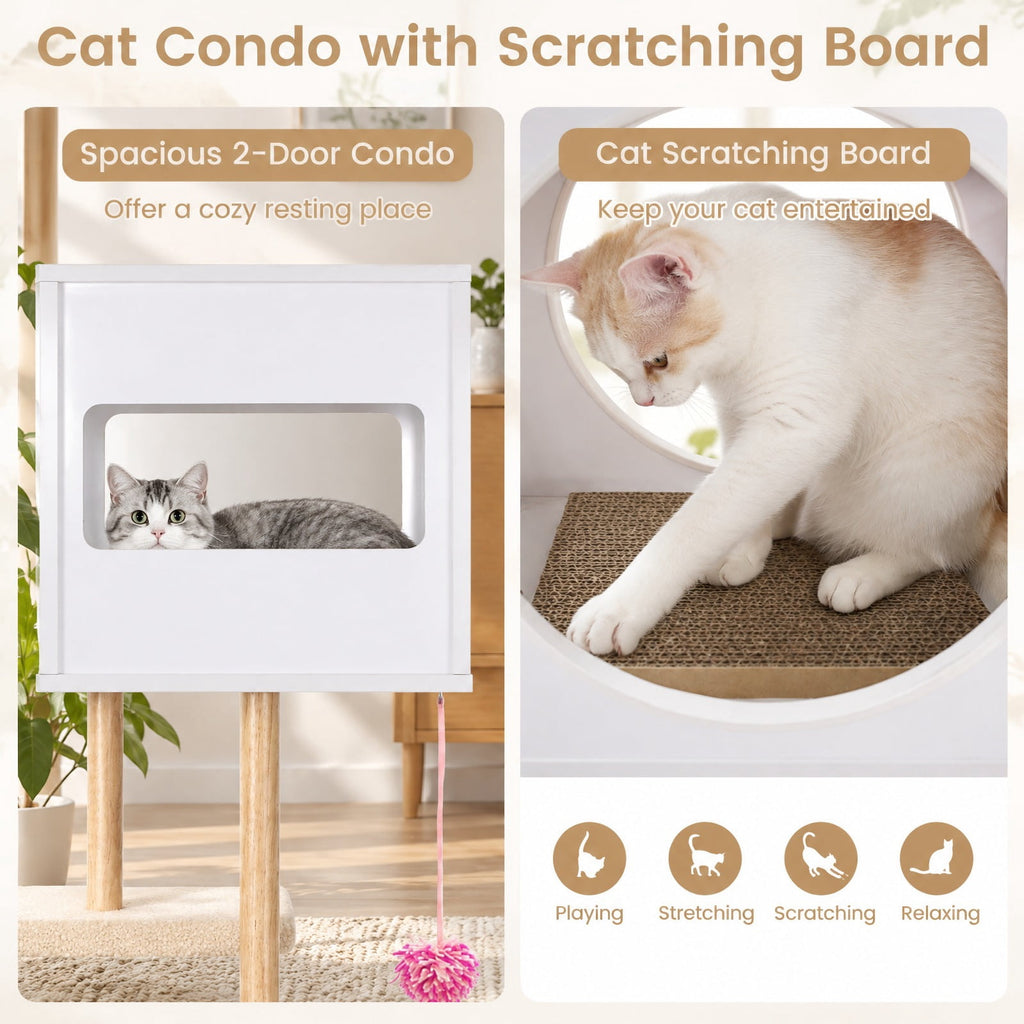Airfind Tall Wood Cat Tower with 2 Corrugated Cardboard, 15.5 lbs Capacity, Engineered Wood Rubber Wood Corrugated Cardboard Fabric Frame, White