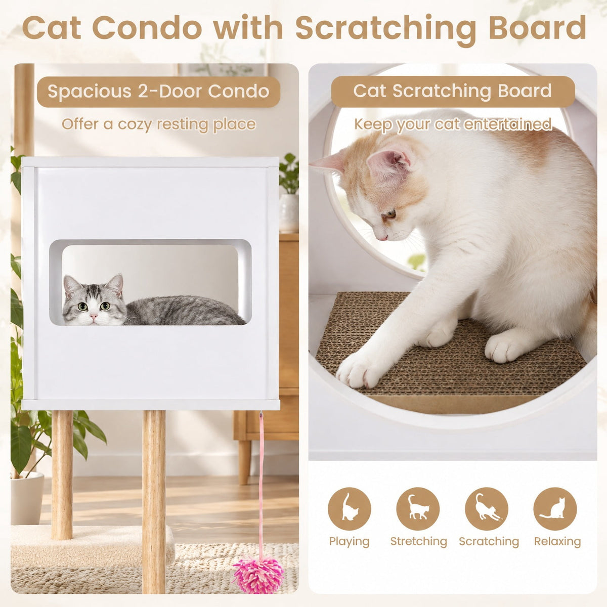 Airfind Tall Wood Cat Tower with 2 Corrugated Cardboard, 15.5 lbs Capacity, Engineered Wood Rubber Wood Corrugated Cardboard Fabric Frame, White