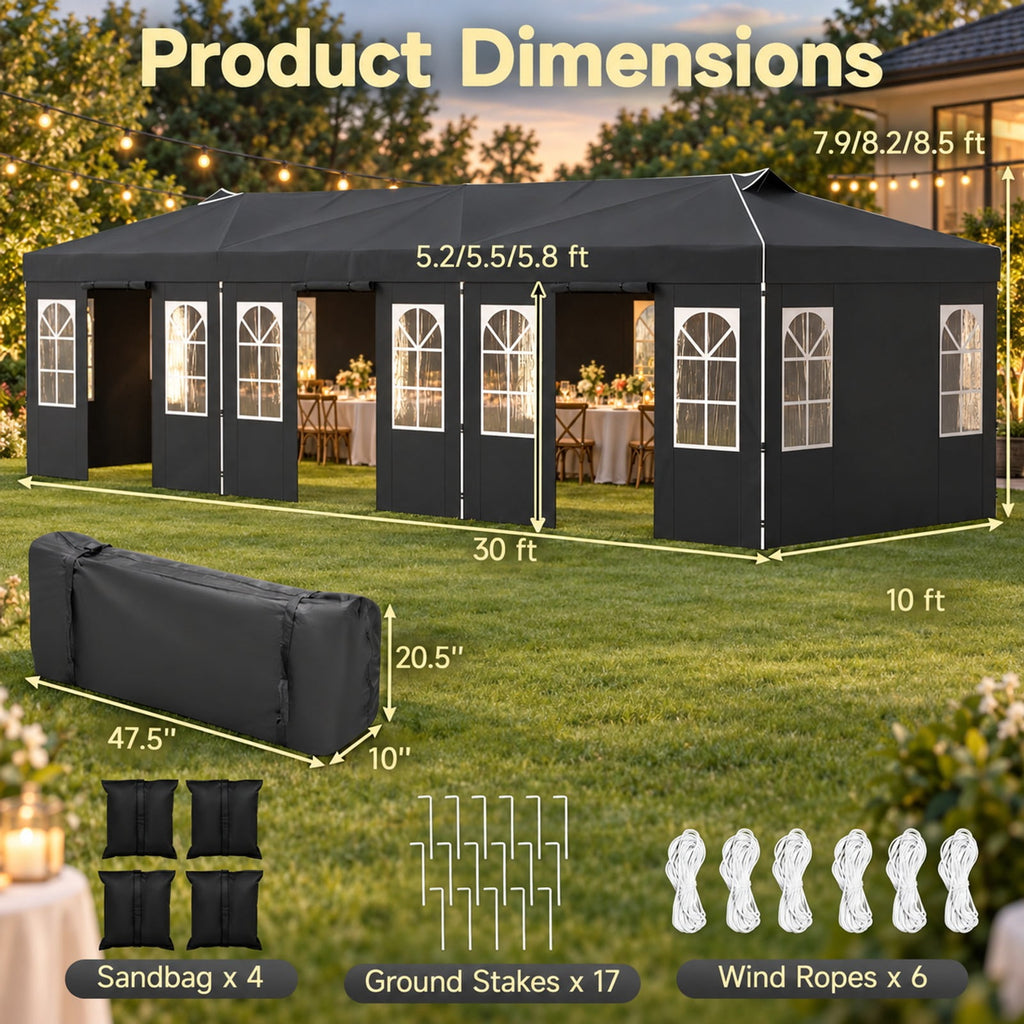 Airfind 10 x 30 FT Pop Up Canopy Tent with 8 Sidewalls and Adjustable Height, PE Metal Fabric Frame, 30 x 10 x 8.5/8.2/7.9 ft Footprint, Black