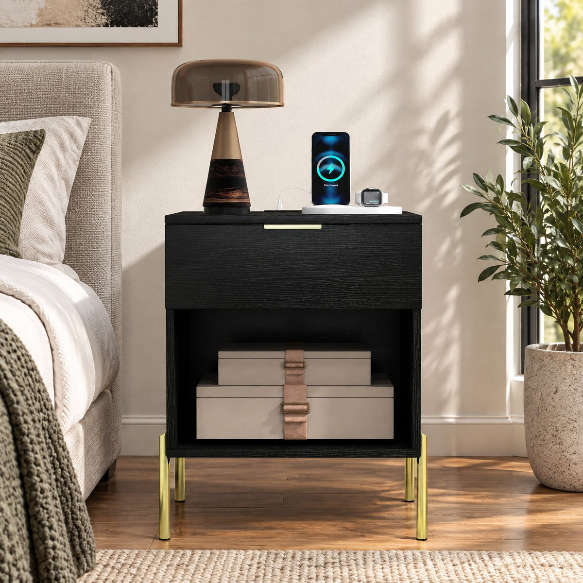 Airfind Modern Nightstand with Charging Station, Engineered Wood Metal MDF Frame, 18in x 16in x 23in Interior Footprint, Black