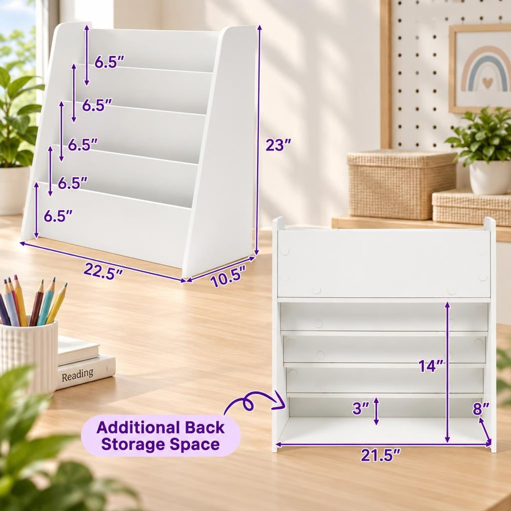 Airfind 4-Tier Kids Bookshelf with Deep Compartments for Bedroom, White, 4 open and deep compartments for book storage