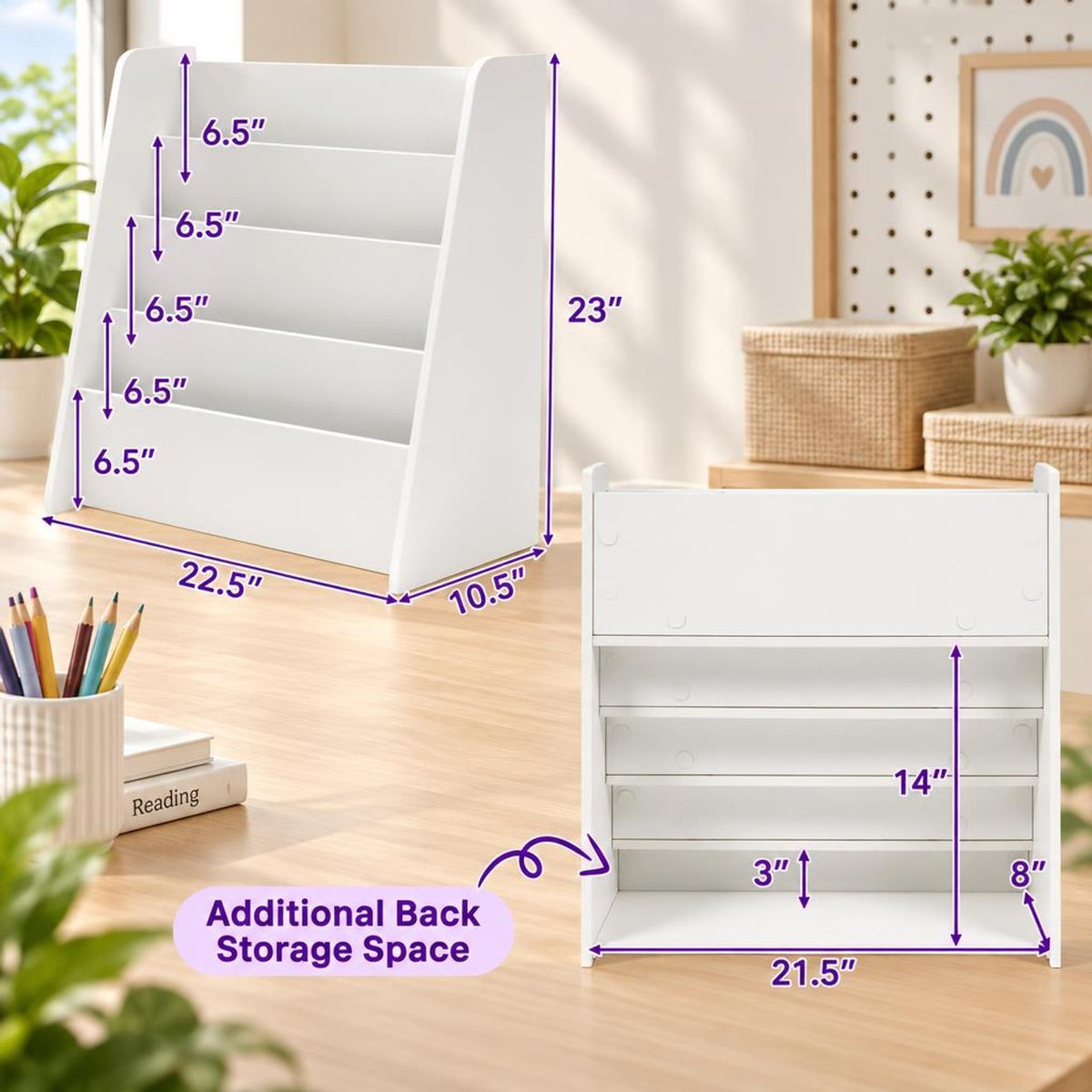 Airfind 4-Tier Kids Bookshelf with Deep Compartments for Bedroom, White, 4 open and deep compartments for book storage
