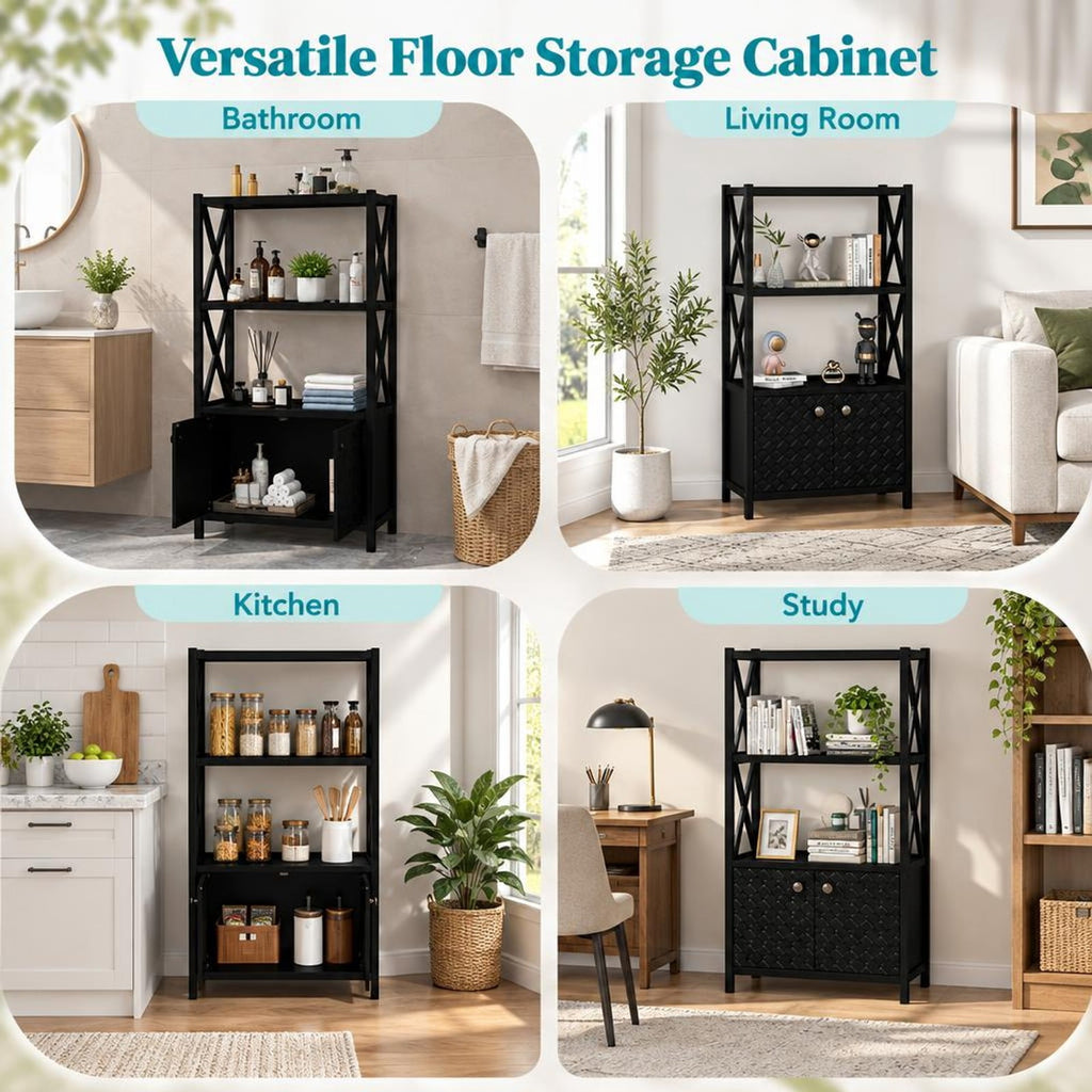 Airfind Bathroom Storage Cabinet with Open Shelves and Double Doors, 88 Lbs Capacity, Rubber Wood Mdf, 25 Inch X 12 Inch X 47 Inch, Black