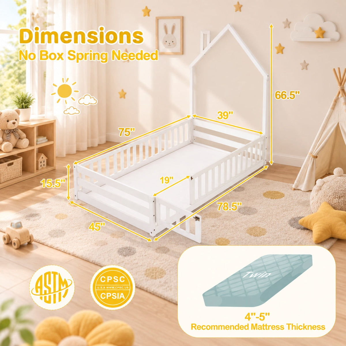 Airfind Twin Size Montessori Floor Bed with Lockable Door and Full-Length Guardrail, Solid Wood Plywood Frame, 78.5 x 45 x 66.5 Footprint, White